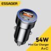 ESSAGER 54W USB+Type-C محول شحن سريع للهاتف شاحن سيارة صغير مصنوع من ABS+سبائك الألومنيوم - أسود