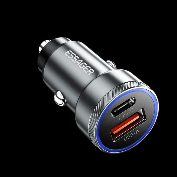 ESSAGER 54W USB+Type-C محول شحن سريع للهاتف شاحن سيارة صغير مصنوع من ABS+سبائك الألومنيوم - أسود